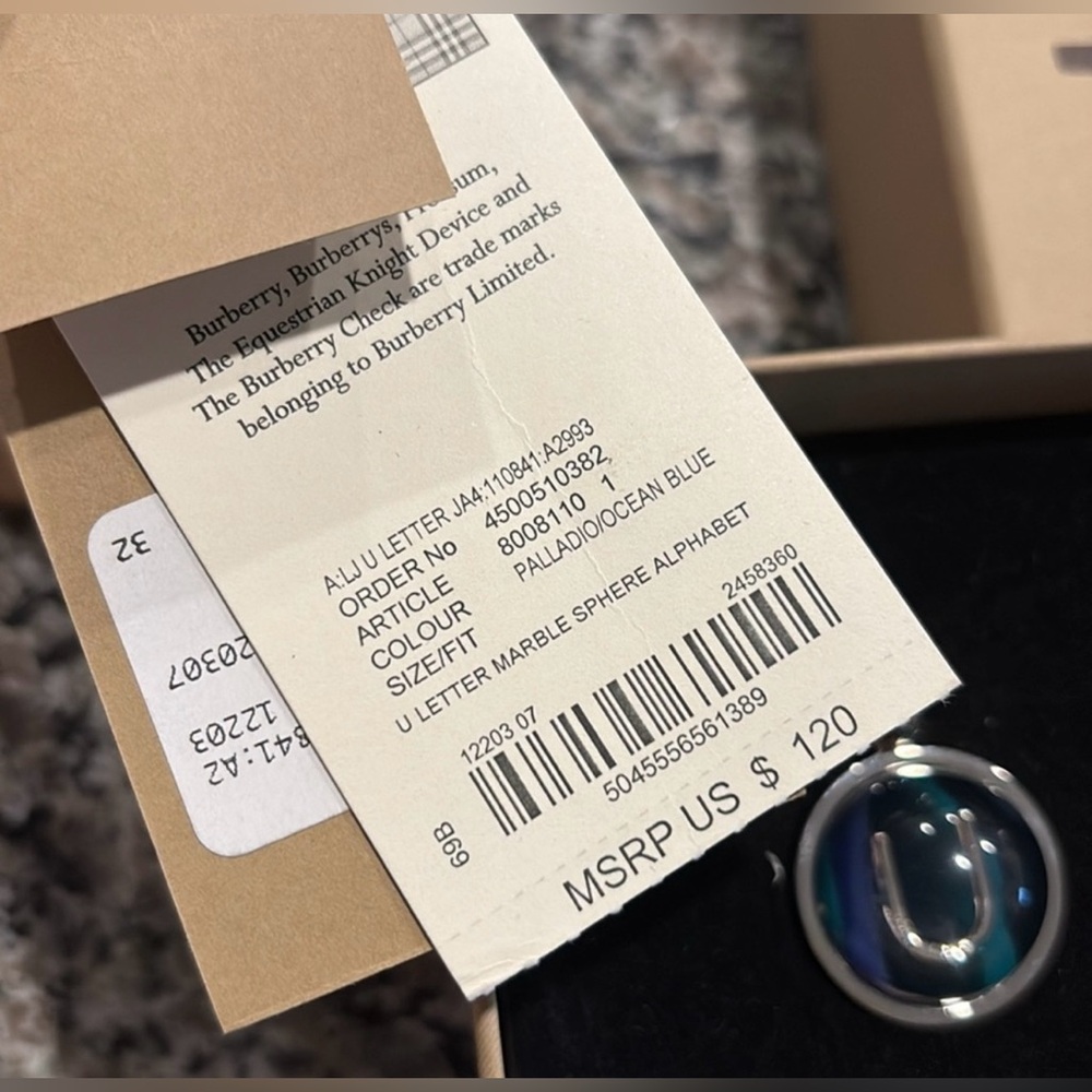 NWT Authentic Burberry U Letter Charm/Silver and Blue Pendant - Picture 11 of 12